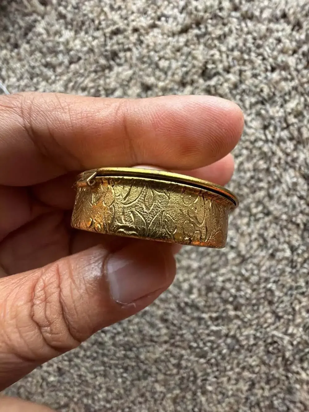 Vintage Gold Tone Floral Embossed Pill Box with Pink Cabochon